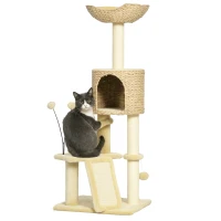 PawHut Torre para Gatos Interior 116 cm con Postes para Rascar Cama Cueva de Totora Rampa y Bolas de Juguete 45x40x116 cm Beige(m-10)