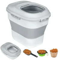 PawHut Contenedor de Comida para Perros 25L con Ruedas Taza Medidora Cuenco Plegable y Cuchara Gris(m-10)
