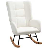 HOMCOM Fotoliu de leagăn în material efect lână buclată cu picioare de lemn masiv de hevea pentru cameră, living, crem(m-1)