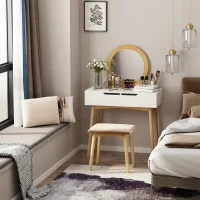 HOMCOM Coafetoare Design scandinav Masă de Machiaj cu Oglindă, 2 sertare și Taburet Alb pin Deschis(m-2)