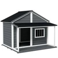 PawHut Hundehütte Outdoor-Hundehütte, inkl. Veranda, wetterbeständig, 124 cm x 112 cm x 105 cm, Grau + Weiß(m-10)