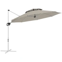 Outsunny Umbrelă suspendată rotundă 3 x 2,5 m cu manivelă, bază în formă de cruce, inclinabilă și rotativă la 360°, dublu acoperiș, gri(m-1)