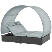 Outsunny Poly Rattan Doppelliege Sonnenliege für 2 Personen mit Sonnendach Gartenliege Stahl Polyester Grau 196 x 137 x 36,5 cm(m-1)