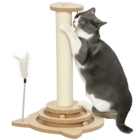 PawHut Katzen-Kratzbaum, 49 cm, Sisal-Kratzpfosten, Kugelbahn, Spielball, Spielfeder, 4-in-1-Design, Eiche, Weiß(m-10)
