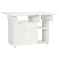 HOMCOM Klappbarer Esstisch mit 3 Regale + 1 Schrank 4 Rollen weiß(m-1)