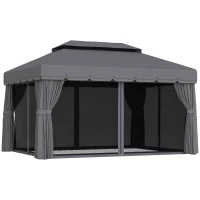 Outsunny Cenador para Jardín 4x3 m Pérgola de Jardín Gazebo con Doble Techo Paredes Laterales Anti-UV y Mosquiteras Gris(m-10)