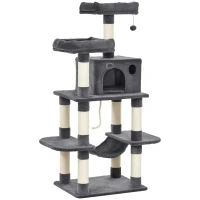 PawHut Katzenbaum Luxus mit Hängematte Katzenhaus Kletterbaum mit Hängematte und Katzenhaus Katzenspielturm Dunkelgrau 60 x 48 x 144 cm(m-1)