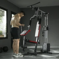 HOMCOM Máquina de Musculación con Placas de Peso de 65 kg Carga Max. 100 kg para Entrenamiento Fitness en Hogar Negro y Rojo(m-8)