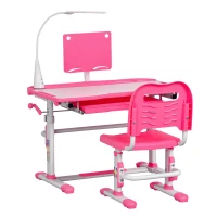 HOMCOM Kinderschreibtisch Set mit Lampe höhenverstellbar Schülerschreibtisch mit Stuhl Schreibtisch vollständig ausgestattet neigbar für 6-12 Jahre Stahl Rosa 80 x 49,5 x 80-105 cm(m-1)