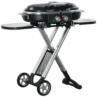 Outsunny Barbacoa de Gas Plegable 2,34 KW con 2 Quemadores 2 Ruedas Parrilla Metálica y Mesas Laterales 100x41,6x82,5 cm Negro(m-10)