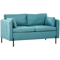 HOMCOM Canapé 2 places style contemporain 2 pochettes sur les accoudoirs pieds en acier revêtement tissu aspect lin bleu(m-11)