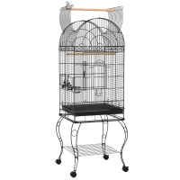 PawHut Gaiola para Pássaros com Rodas Bandeja Amovível Prateleira 2 Comedouros de Aço Inoxidável e Poleiro 51x51x153 cm Preto(m-1)