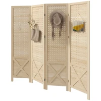 HOMCOM, Paravan interior din lemn, 4 panouri, separator de cameră pliabil, panou perforat, 152 x 1,7 x 144,5 cm, lemn natural(m-5)