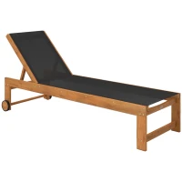 Outsunny Espreguiçadeira de Madeira Espreguiçadeira de Jardim com Rodas Encosto Ajustável em 4 Níveis 186x60x33 cm Teca e Preto(m-1)