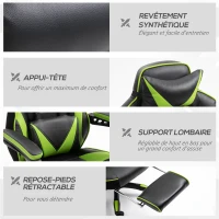 Vinsetto Scaun gaming ergonomic, fotoliu de birou confortabil cu suport pentru picioare, suport pentru zona capului și pentru lombar, înălțime reglabilă, negru și verde(m-3)