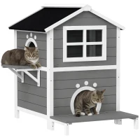 PawHut Outdoor-Katzenhaus mit wetterfestem Dach, Fenster, Balkon, herausnehmbarem Boden, 2 Ebenen, für 1-2 Katzen, Grau(m-10)