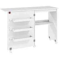 HOMCOM Masă de cusut pliabilă mobilier de cusut cu blat rabatabil, coșuri de depozitare, raft deschis și roți, alb(m-6)