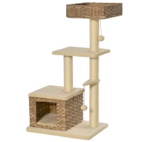 PawHut Rascador Árbol para Gatos 60x40x109 cm con Cueva de Ratán Cojín Plataformas Cama Bolas de Juego y Postes de Rascar de Sisal Natural Beige y Marrón(m-10)