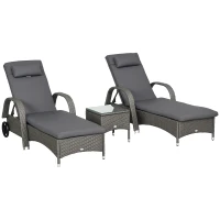 Outsunny Sonnenliege Gartenliege Tisch 3er-Set Gartenmöbel, Polyrattan+Metall Grau+Dunkelgrau(m-1)
