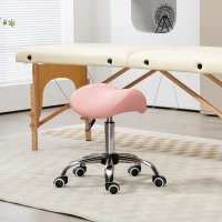 HOMCOM Sgabello a rotelle, sedia da lavoro con altezza regolabile 49-61 cm e sella ergonomica, 52x53x49-61cm, rosa(m-2)