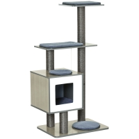 PawHut Árbol Rascador para Gatos de Madera 71,5x49,5x120 cm Torre de Gato con Cueva Plataformas Postes Rascadores Cojines Gris