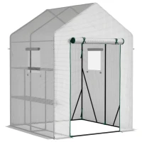 Outsunny Estufa de Jardim 143x143x195cm Estufa de Aço com 2 Prateleiras Porta e 2 Janelas Enroláveis para Cultivo de Plantas Vasos de Flores Pátio Exterior Branco(m-10)