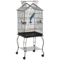 PawHut Gaiola para Pássaros com Suporte Rodas Bandeja Amovível 2 Comedouros e Prateleira Inferior de Metal 50x58x145 cm Preto(m-10)
