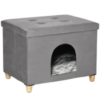 PawHut Cueva para Gatos 2 en 1 Taburete Reposapiés con Tapa Extraíble Orificio de Entrada Cojín Lavable y Patas Elevadas de Madera para Interior 60x45x44,5 cm Gris(m-1)