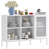HOMCOM Aparador de Cozinha com Porta de Malha 4 Compartimentos Abertos e Estante Ajustável para Sala 120x37x81,5 cm Branco(m-10)