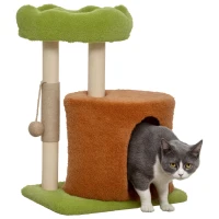 PawHut Albero Tiragraffi per Gatti con Casetta, Lettino e Pallina Giocattolo, in Legno e Peluche, 44x33x61 cm, Verde(m-1)