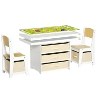 HOMCOM Juego de Mesa y Sillas Infantil de Madera 3 en 1 con 5 Cajones Tejidos de Almacenaje Mesa de Actividades para Bloques de Construcción y con Mapa de Ruta Color Natural(m-10)