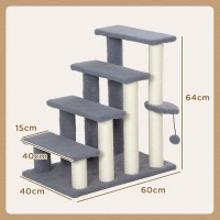 PawHut Arranhador para Gatos de 4 Níveis Escada para Animais de Estimação Revestida com Franela Suave Poste de Sisal Bola Suspensa 60x40x64 cm Cinzento(m-3)