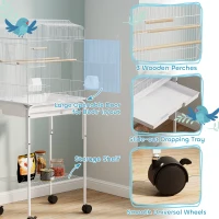 PawHut Bird Cage Budgie Cages for Finch Canary Parakeet with Stand Wheels Slide-out Tray Accessories Storage Shelf, White(m-5)