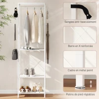 HOMCOM Porte-manteau, portant à vêtements avec tringle de suspension, 4 crochets, étagères, 52 x 30 x 180 cm, blanc(m-5)