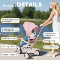 AIYAPLAY Tricycle pour Enfants 5 en 1 avec Barre de Pousée et Capote Amovible, 96,5x49x101 cm, Rose(m-4)