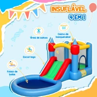 AIYAPLAY Castelo Insuflável 4 em 1 para Crianças com Escorrega Piscina de Bolas Cesto e Saco de Transporte 415x205x190 cm Multicor(m-4)