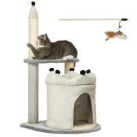 PawHut Albero Tiragraffi per Gatti con Casetta e Lettino, Rivestimento Peluche e Gioco, 48x48x86cm, Grigio(m-1)