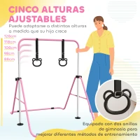 HOMCOM Barra de Gimnasia para Niños con Altura Ajustable en 5 Niveles y Anillos Entrenamiento de Gimnasia Plegable en Casa Rosa(m-4)