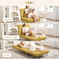 HOMCOM Sofá Cama Individual 3 em 1 Poltrona Cama Dobrável com Encosto Ajustável de 5 Níveis e Almofada 80x75x83 cm Amarelo(m-4)