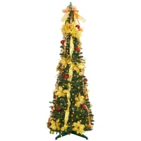 HOMCOM Árbol de Navidad Plegable con Luces LED en Blanco Cálido y Adornos Pre-instalados para Interior Ø60x180 cm Verde(m-1)