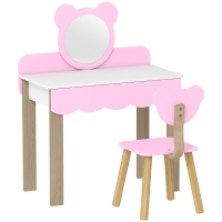 AIYAPLAY Conjunto de Tocador con Taburete para Niños, Espejo de Maquillaje en Forma de Oso, Cajón, MDF, Rosa