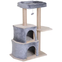 PawHut Arbre à chat 3 griffoirs grattoirs sisal naturel plateformes panier niches et boule suspendue dim. 60L x 40l x 92H cm peluche haute densité 500 g/m² gris beige(m-11)