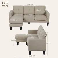 HOMCOM Canapé d'angle 3 Places méridienne réversible droite ou gauche, salon, grand confort, dossier capitonné, beige(m-3)