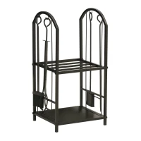 Outsunny kaminholzregal Kaminholzständer Brennholzregal mit 4 zusätzlichen Brennholzwerkzeugen Kaminbesteck 2-Ebenen-Design Feuerholzablage Kaminwerkzeug Metall Schwarz 41,5 x 32,5 x 74,5 cm(m-1)