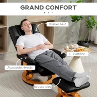 HOMCOM Fauteuil de relaxation inclinable avec repose-pied, pivotant, cadre en bois , revêtement synthétique noir(m-6)
