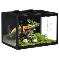 PawHut Terrarium en verre - vivarium reptiles & batraciens - habitat tortue - couvercle grillagé 2 parties amovibles - distributeur eau, thermomètre, pincette, 2 douilles inclus - ABS acrylique noir(m-1)