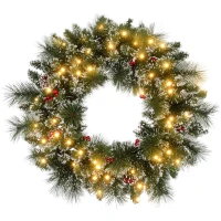 HOMCOM Couronne de Noël porte artificielle 60 CM avec pommes de pin et grappes de baies, lumières LED et minuterie vert(m-10)
