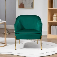 Fotoliu dormitor din material textil cu efect catifea HOMCOM cu picioare din otel auriu, 62x69x75 cm, verde(m-6)