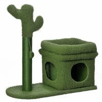 PawHut Tiragraffi per Gatti con Lettino, Casetta e Palo in Sisal a Forma di Cactus, 68x30x67cm, Verde(m-1)