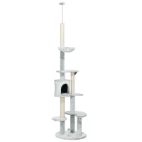 PawHut Árbol Rascador para Gatos de Suelo a Techo Ajustable Altura con Cueva Hamaca y Postes Rascadores Ø60x225-255 cm Gris(m-1)